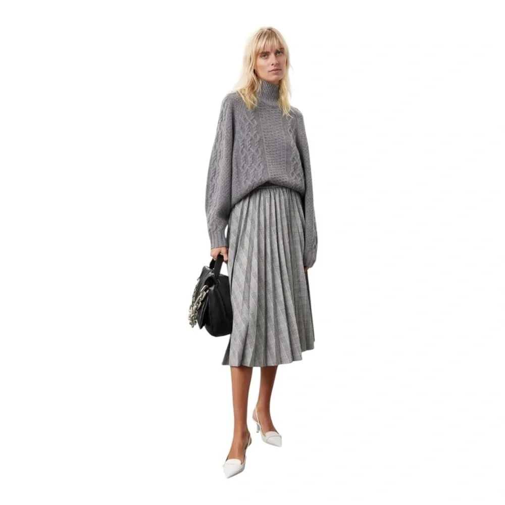 Stella Jean Pleated Midi Skirt Black & White Houndstooth Plaid Size IT 44 / US 8